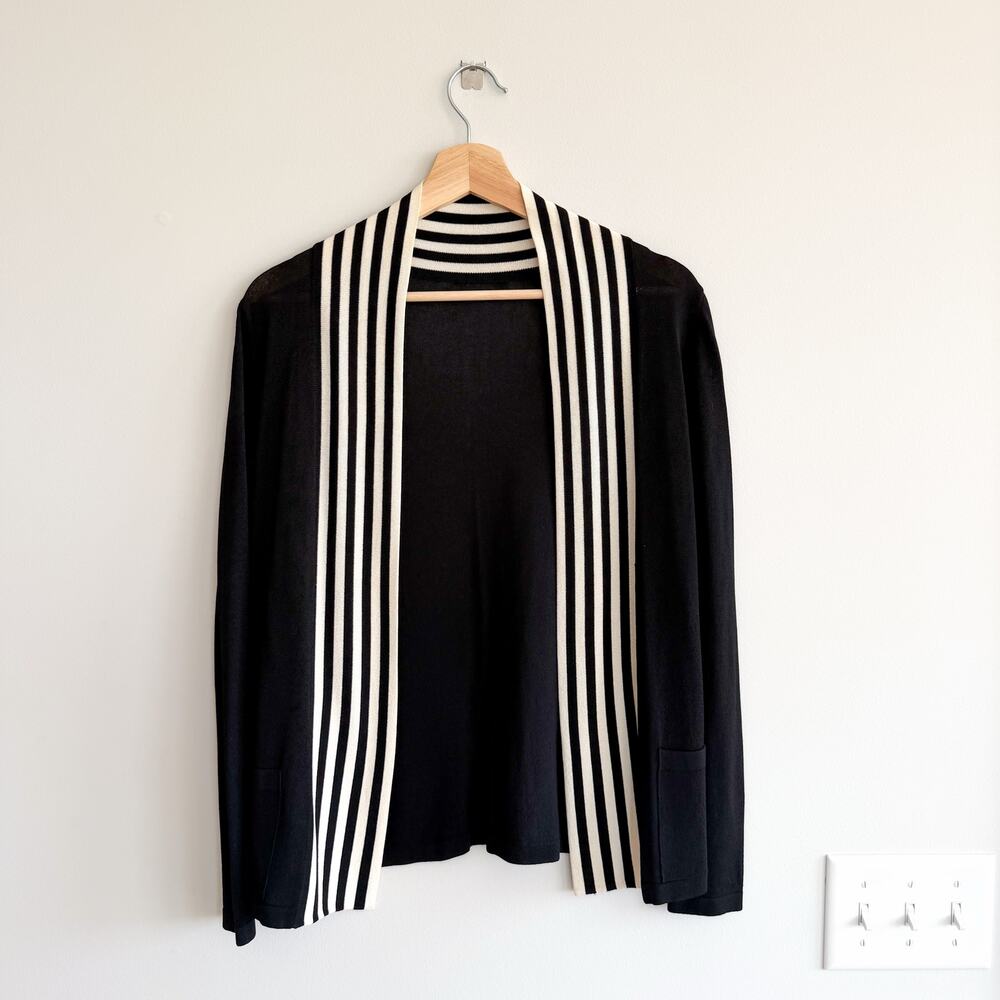 MaxMara Silk Striped Trim Open-Front Long Sleeve Knit Cardigan Sweater Black S